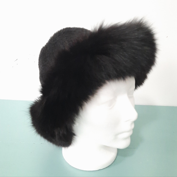 Norma Canada Dyed Fox Fur Hat Black Winter Alpaca Wool Leather Womens Vintage - Picture 12 of 12